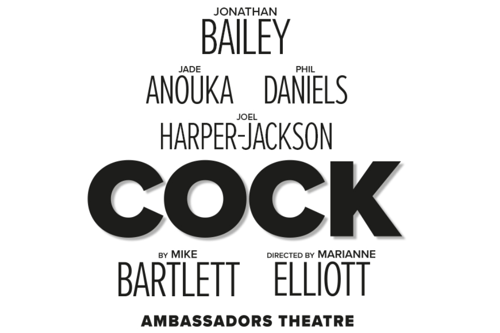 Poster for the play 'Cock' at Ambassadors Theatre, featuring the large 'COCK' title and cast names above and below.