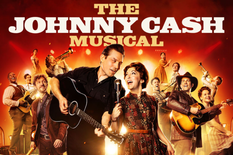 Poster for The Johnny Cash Musical featuring a man with a guitar and a woman singing center stage.