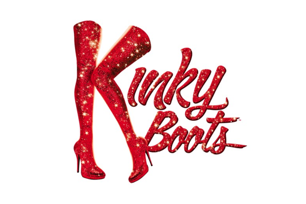 Kinky Boots logo with red glittery, high-heeled boots and cursive text on a white background