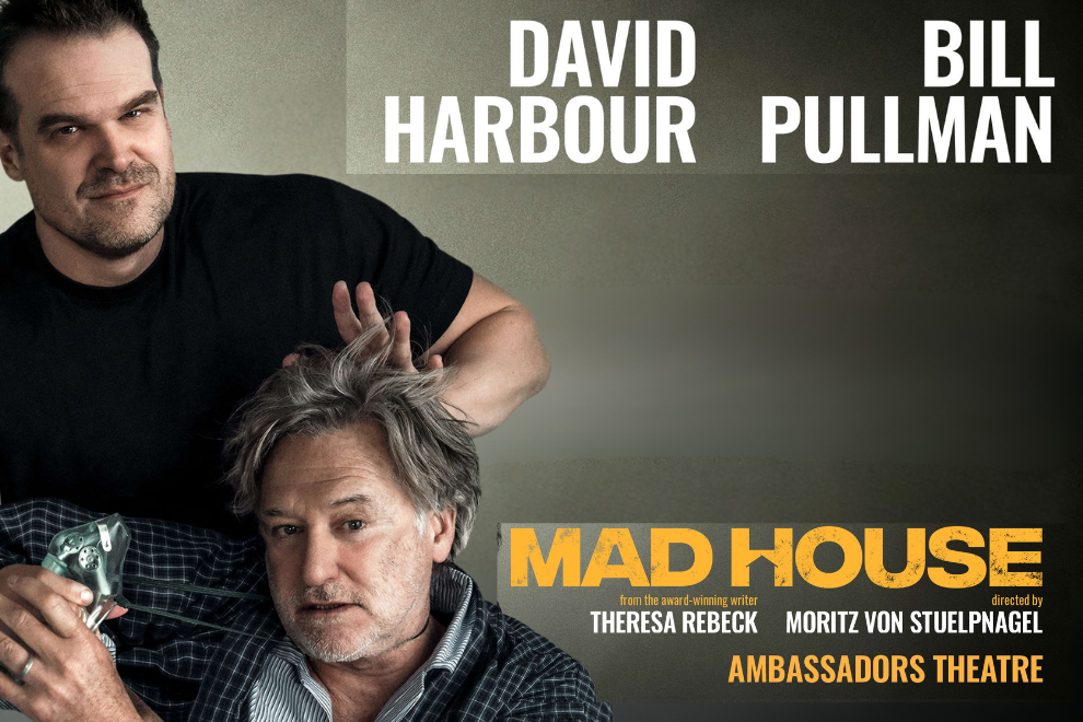 Promotional theatre poster showing two men in a tense scene; one grips the other's head, with the orange title MAD HOUSE and Ambassadors Theatre credits.