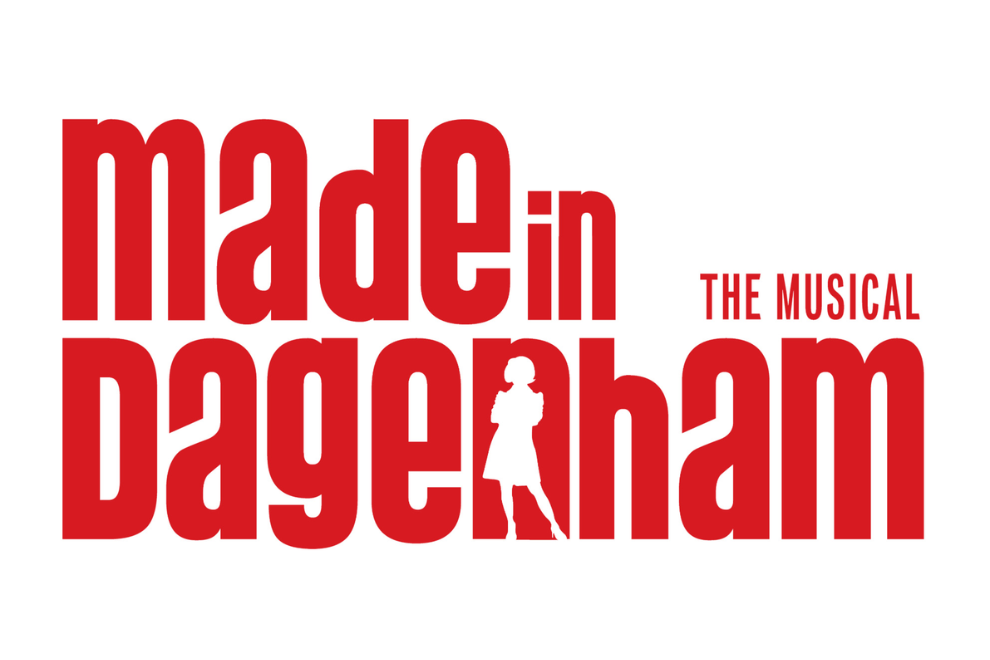 Logo for Made in Dagenham: The Musical, with bold red typography and a silhouette of a woman in the center-right.