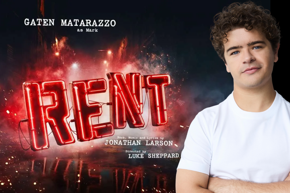 Promotional poster for the musical Rent with a large red neon ‘RENT’ sign, smoky background, and credits; a man in a white T‑shirt stands cropped on the right.