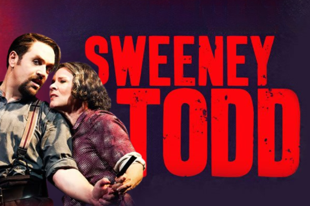 Poster for Sweeney Todd featuring two lead characters in period costumes against a dark purple background with bold red title text.