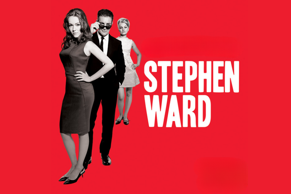 Poster for Stephen Ward with three people in black-and-white on a red background and large 'STEPHEN WARD' text to the right.