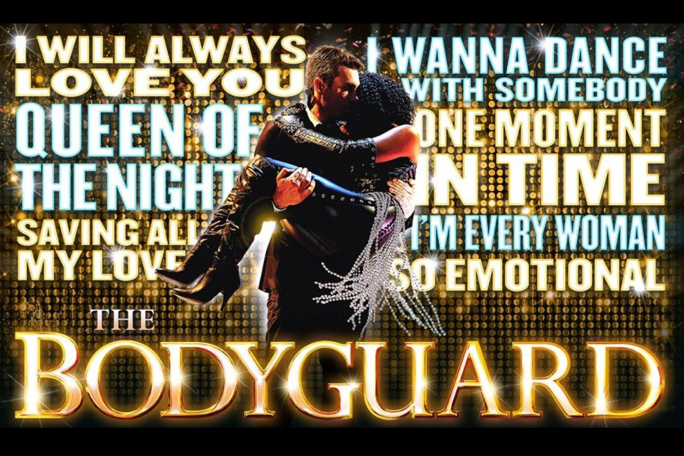 Promotional poster for The Bodyguard featuring a couple dancing in glittery lights with large 'BODYGUARD' text at the bottom.