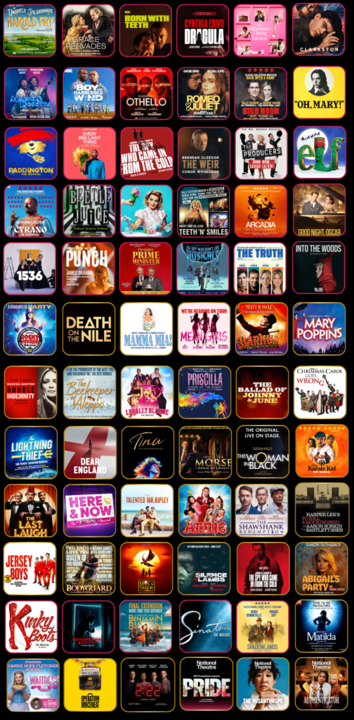 Grid of colorful Broadway musical posters arranged in rows on a black background.