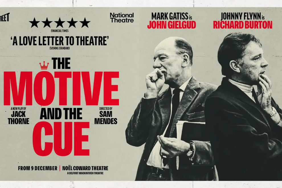 The Motive and the Cue theatre poster: two men in suits on the right, bold red title on the left, venue Noel Coward Theatre, starts 9 December.