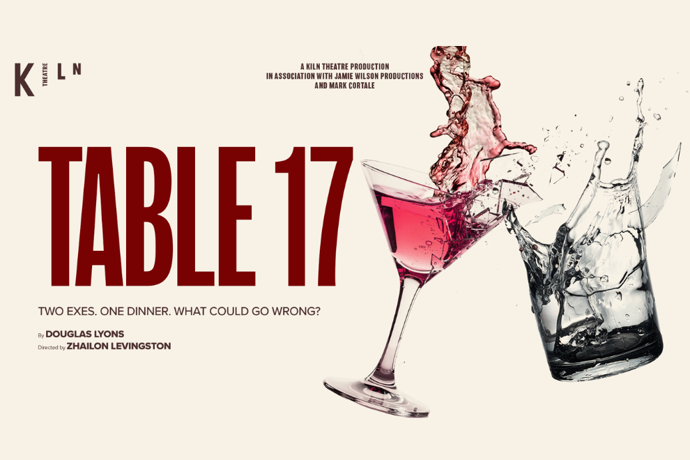 Poster for TABLE 17: two cocktails splashing mid-air on a light beige background with bold red title text to the left.