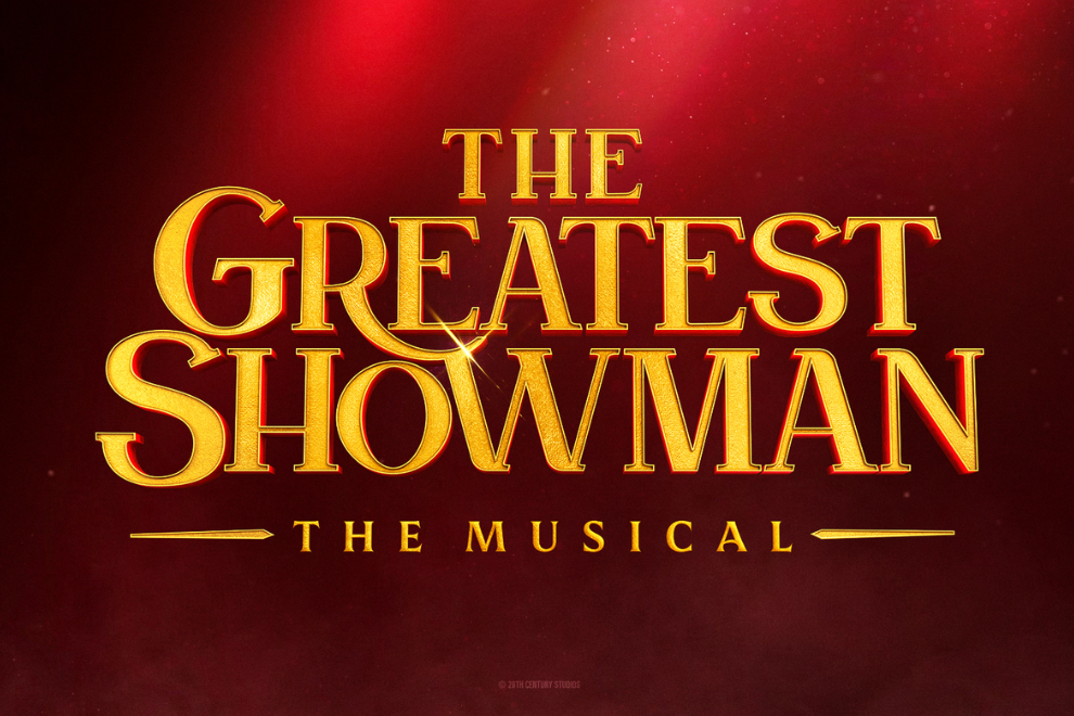 Gold-lettered title 'The Greatest Showman' with 'The Musical' subtitle on a red gradient background, resembling a promotional poster.