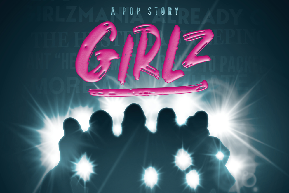 Poster for a pop story titled 'Girlz' with five silhouetted figures and bright stage lights behind them.