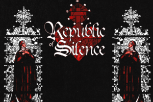 Gothic text 'Republic of Silence' over a red heart, flanked by two robed figures in stained glass.