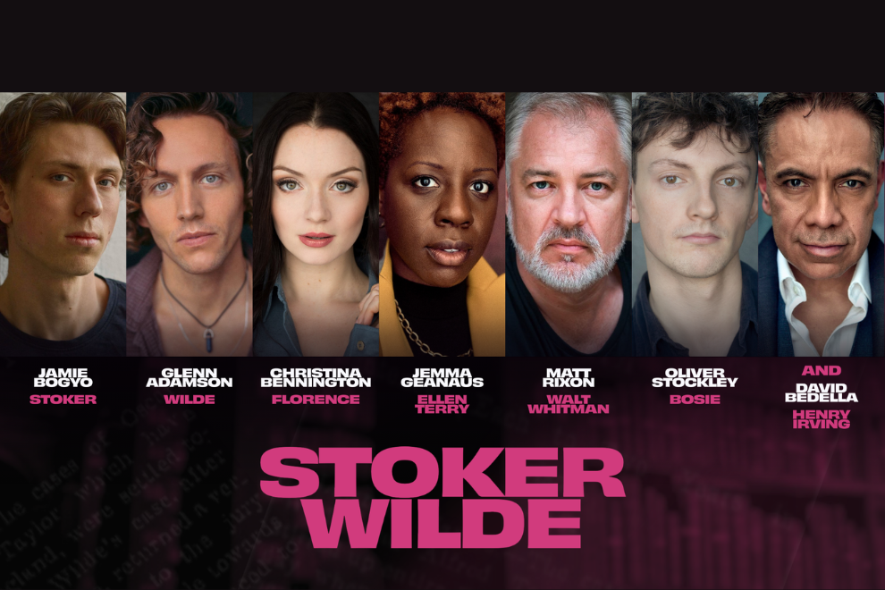 Cast portraits for Stoker Wilde: Jamie Bogyo as Stoker, Glenn Adamson as Wilde, Christina Bennington as Florence, Jemma Geanaus as Ellen Terry, Matt Rixon as Walt Whitman, Oliver Stockley as Bosie, and David Bedella as Henry Irving